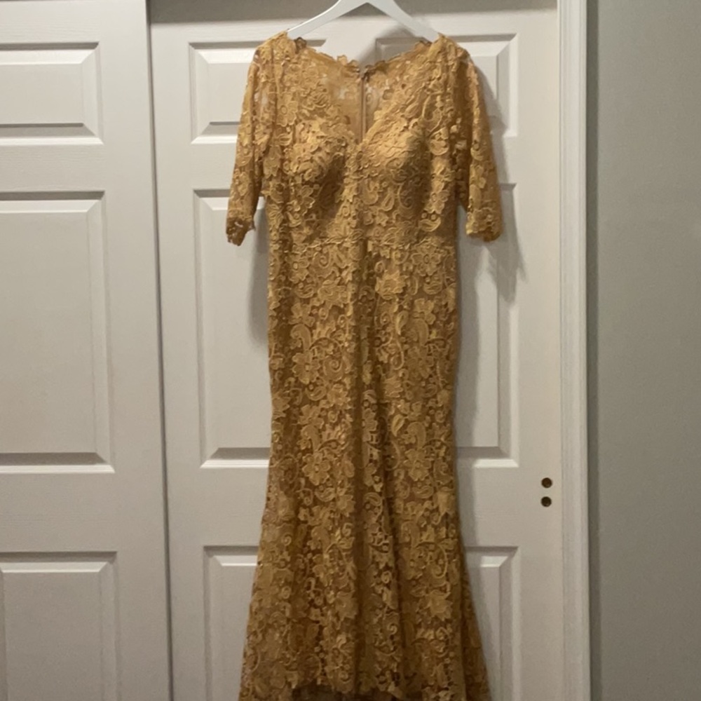 Gold V-Neck Gown with Puff Sleeves